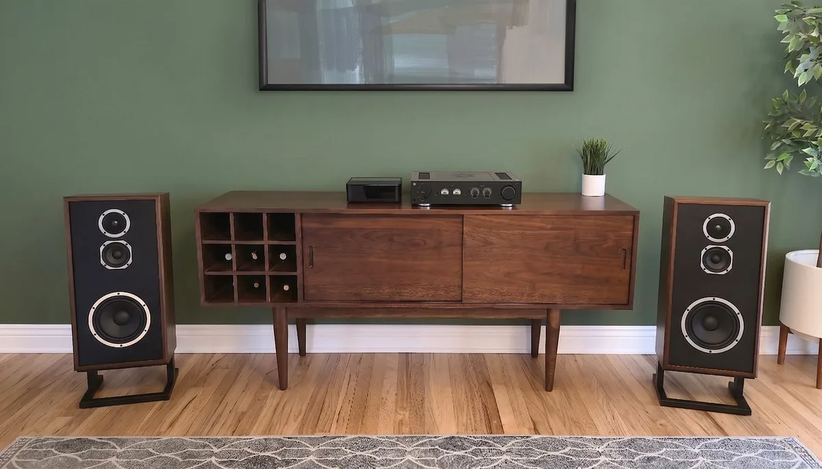  KLH Audio's vintage-inspired speakers are "exceptionally narrow" and designed to be placed close to a wall 
